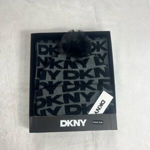 DKNY Gray and Black Chenille  Logo Scarf with Pom-Pom Faux Fur